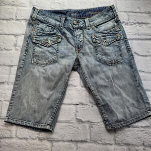 Silver Jeans Bermudas Distressed Turquoise Rivets Button Flap Pockets size 28